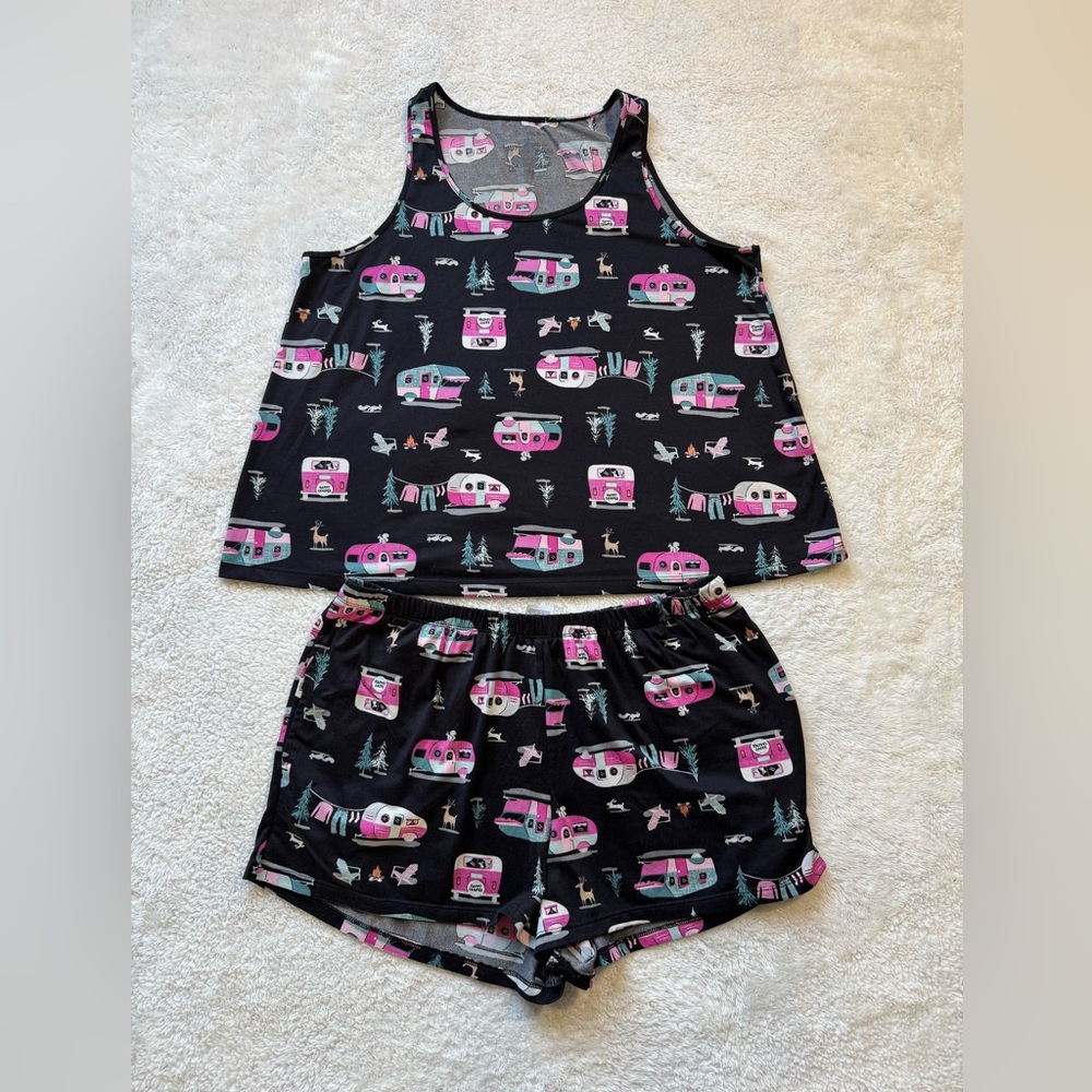 Joyspun Womens Summer PJ's Pajamas Size M 8/10 Camping Camper Black Pink